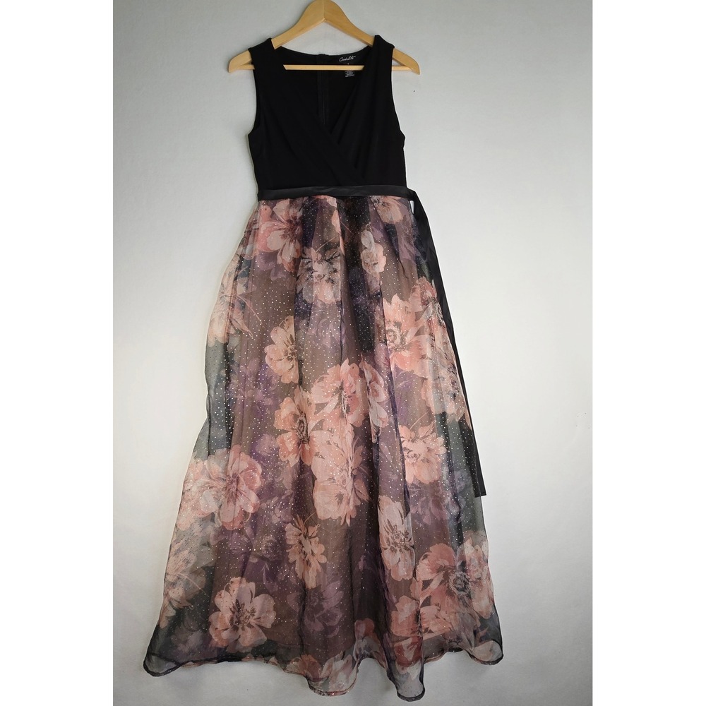 Candalite Floral Glitter Maxi Dress Black Pink V-Neck Formal Gown Size S